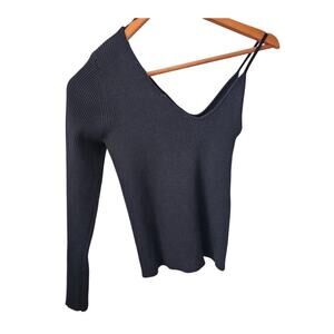 Twine & String One Shoulder Ribbed Long Sleeve Black Top Size L